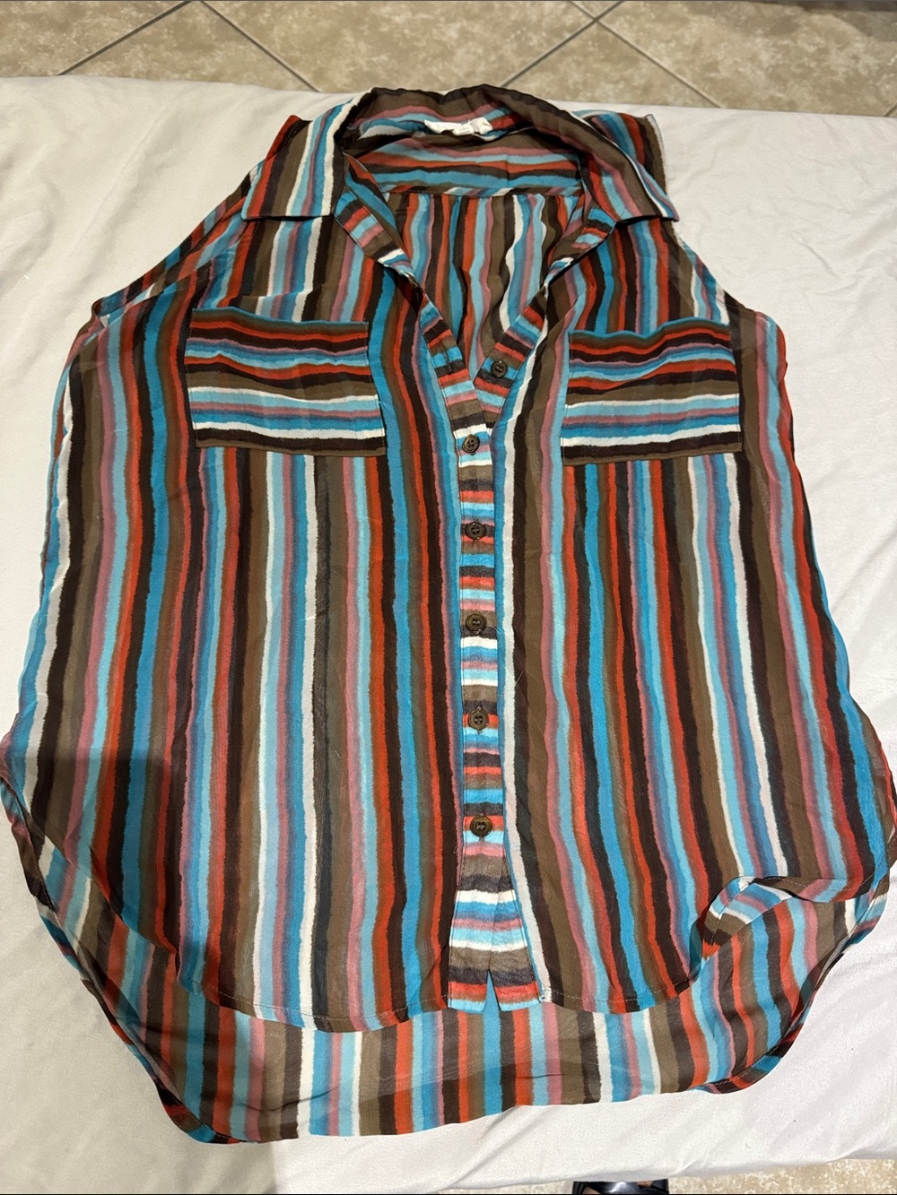 Lush Sleeveless Button-Down Top in Brown, Blue & Red Stripes